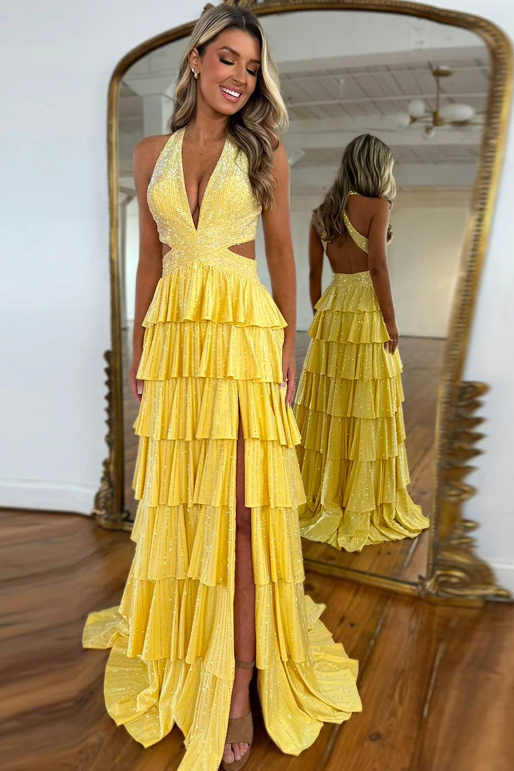 Sexy Sleeveless Halter A-line Long Prom Dress with Slit