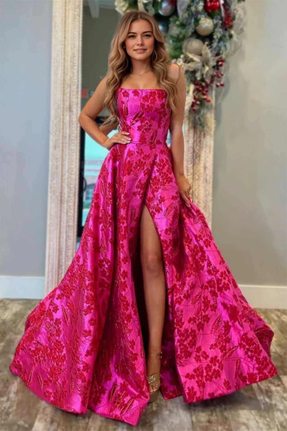 Fuschia Strapless Sleeveless A-line Prom Dress with Split