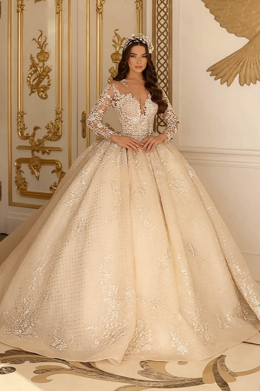Gorgeous Ball Gown Long Sleeves Floor Length Wedding Dress with Lace Appliques