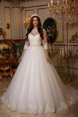 Gorgeous Long Lace Half Sleeves Covered Button Ball Gown Wedding Dress