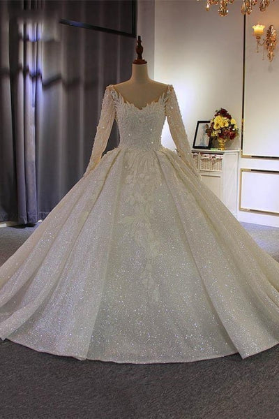 Gorgeous Long Sleeves V Neck Tulle Lace Ball Gown Wedding Dresses