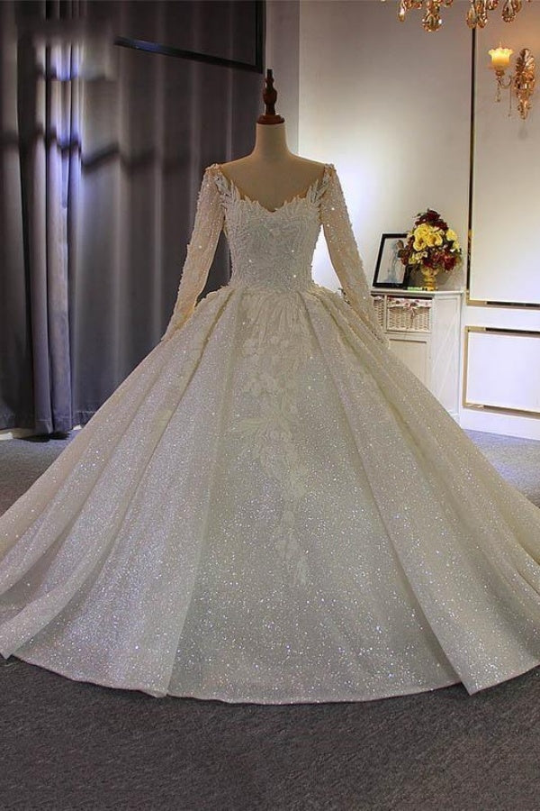 Gorgeous Long Sleeves V Neck Tulle Lace Ball Gown Wedding Dresses