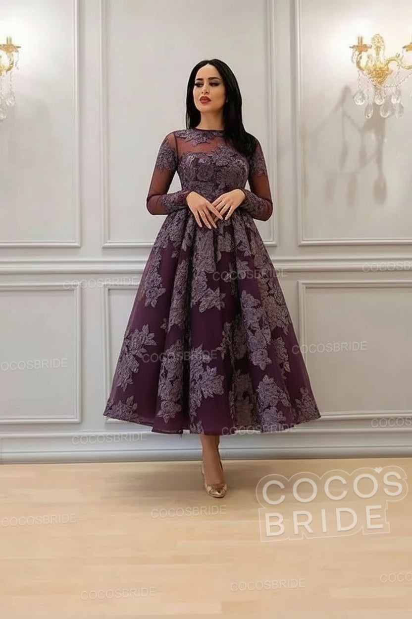 Elegant A-line High Neck Lace Formal Evening Dress with Sleeves