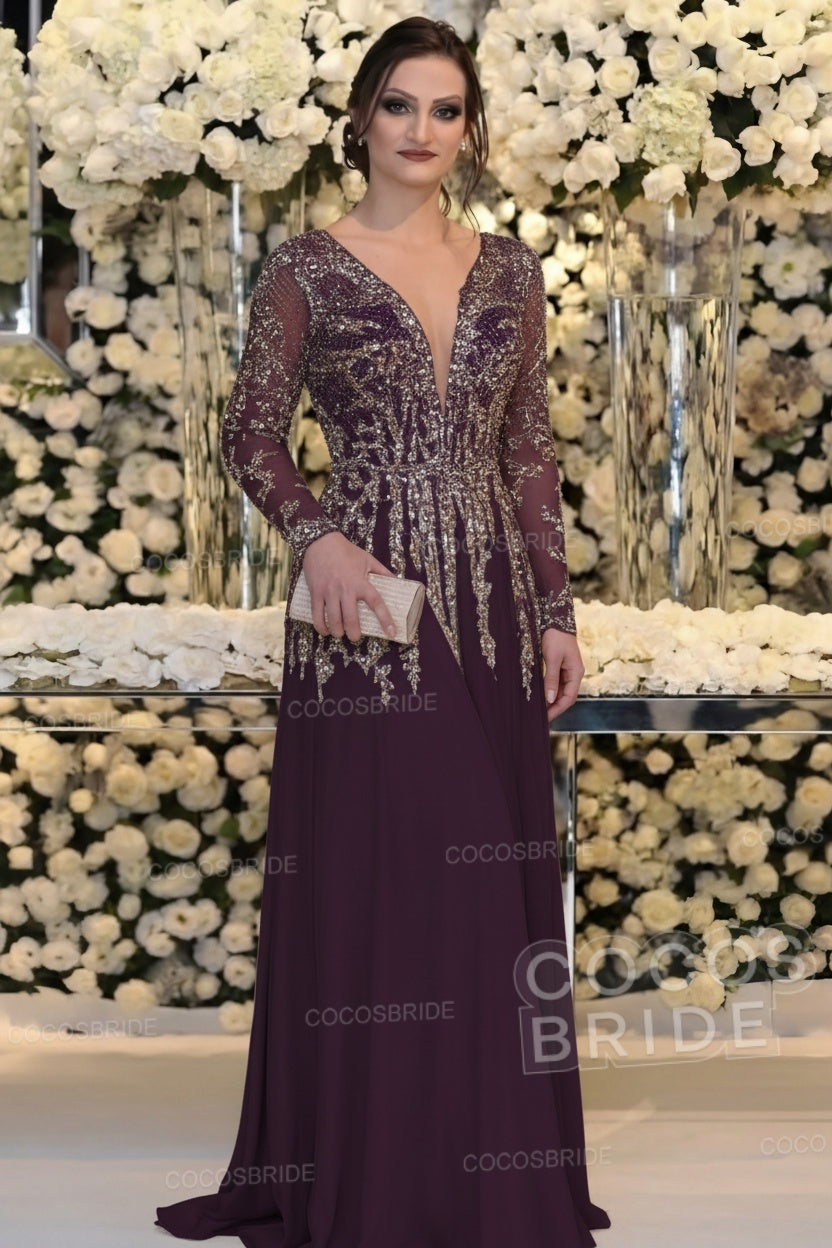 Long Sleeve Floor Length A-line Mother Of Bride Dress With Beading