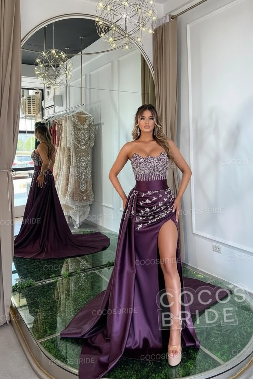 Luxury Mermaid Sweetheart Satin Long Beading Prom Dress with Split