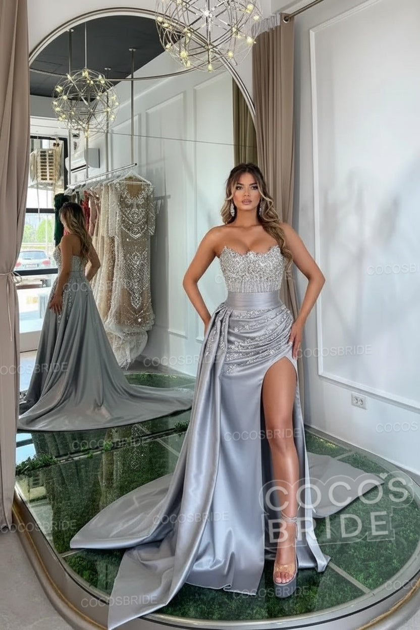 Luxury Mermaid Sweetheart Satin Long Beading Prom Dress with Split