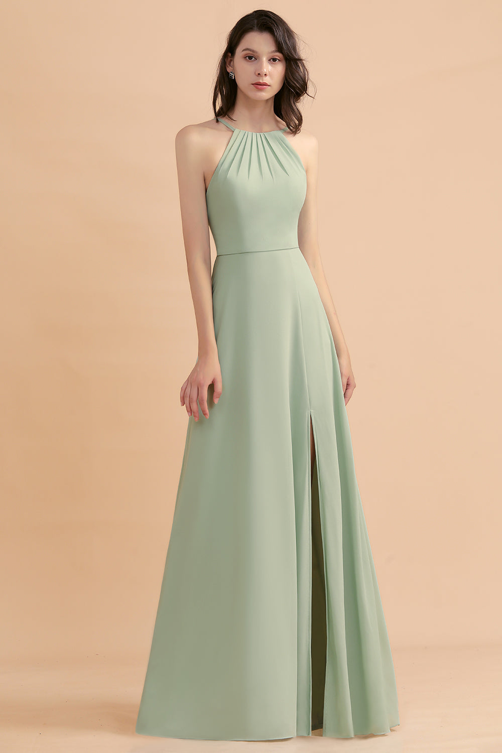 Halter A-Line Wedding Guest Dress Backless Long Bridesmaid Dress With Side Slit