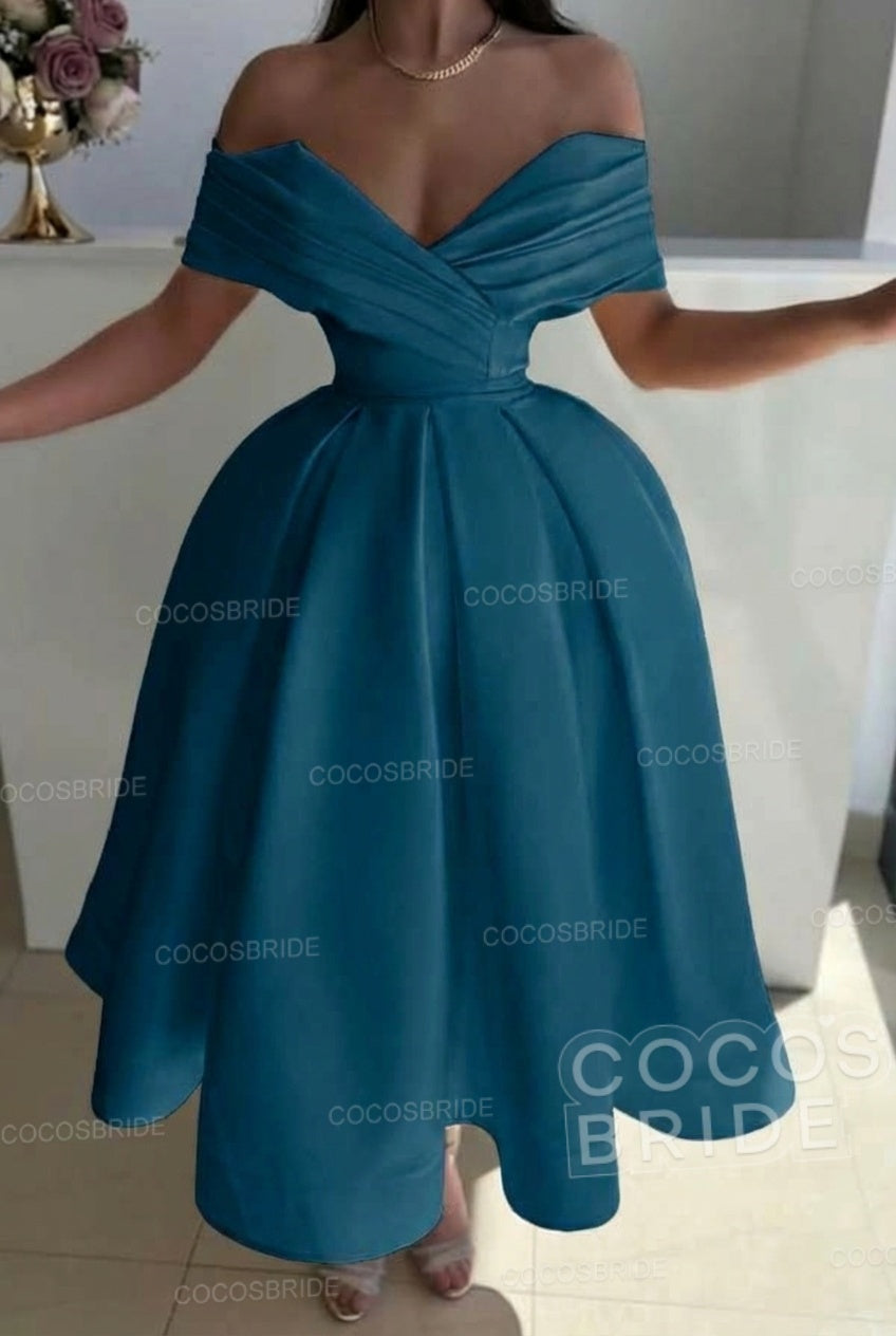Off the Shoulder A-Line Satin Prom Dress with Pleated