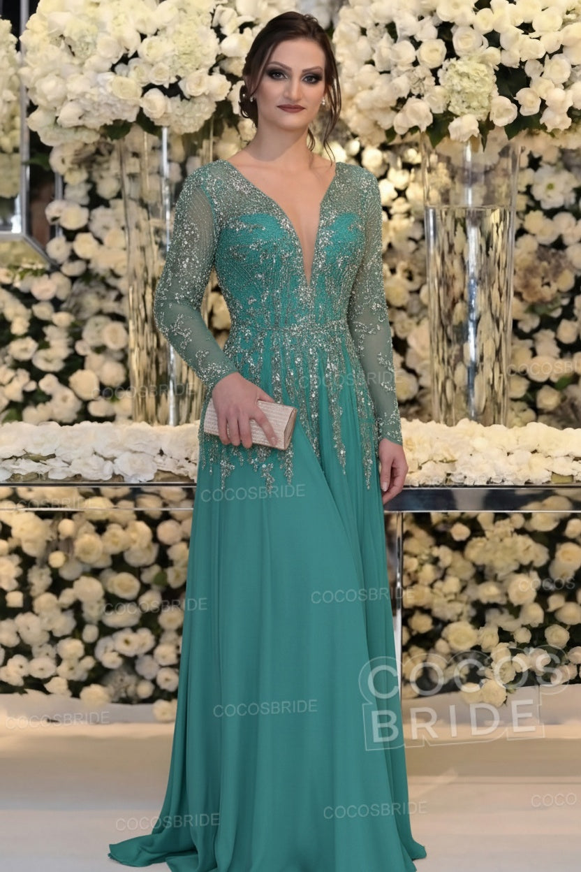 Long Sleeve Floor Length A-line Mother Of Bride Dress With Beading