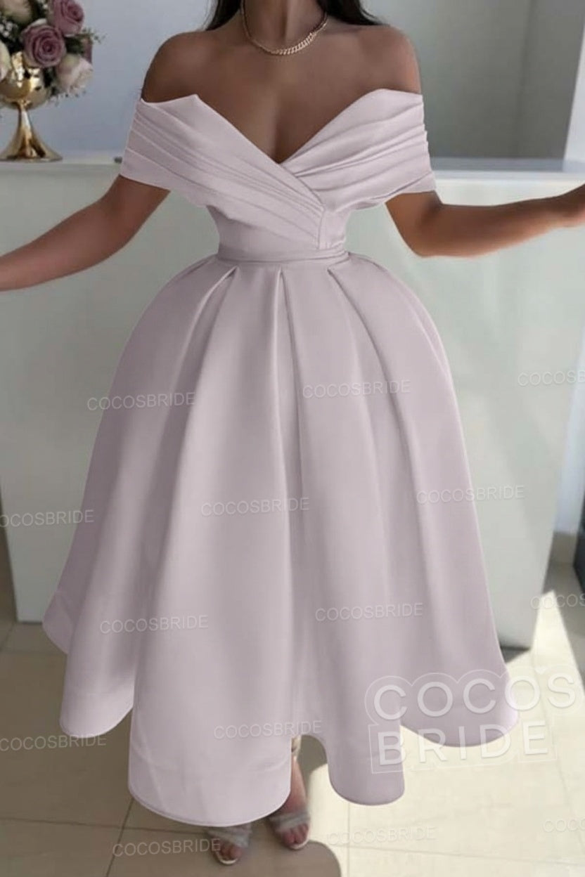 Off the Shoulder A-Line Satin Prom Dress with Pleated