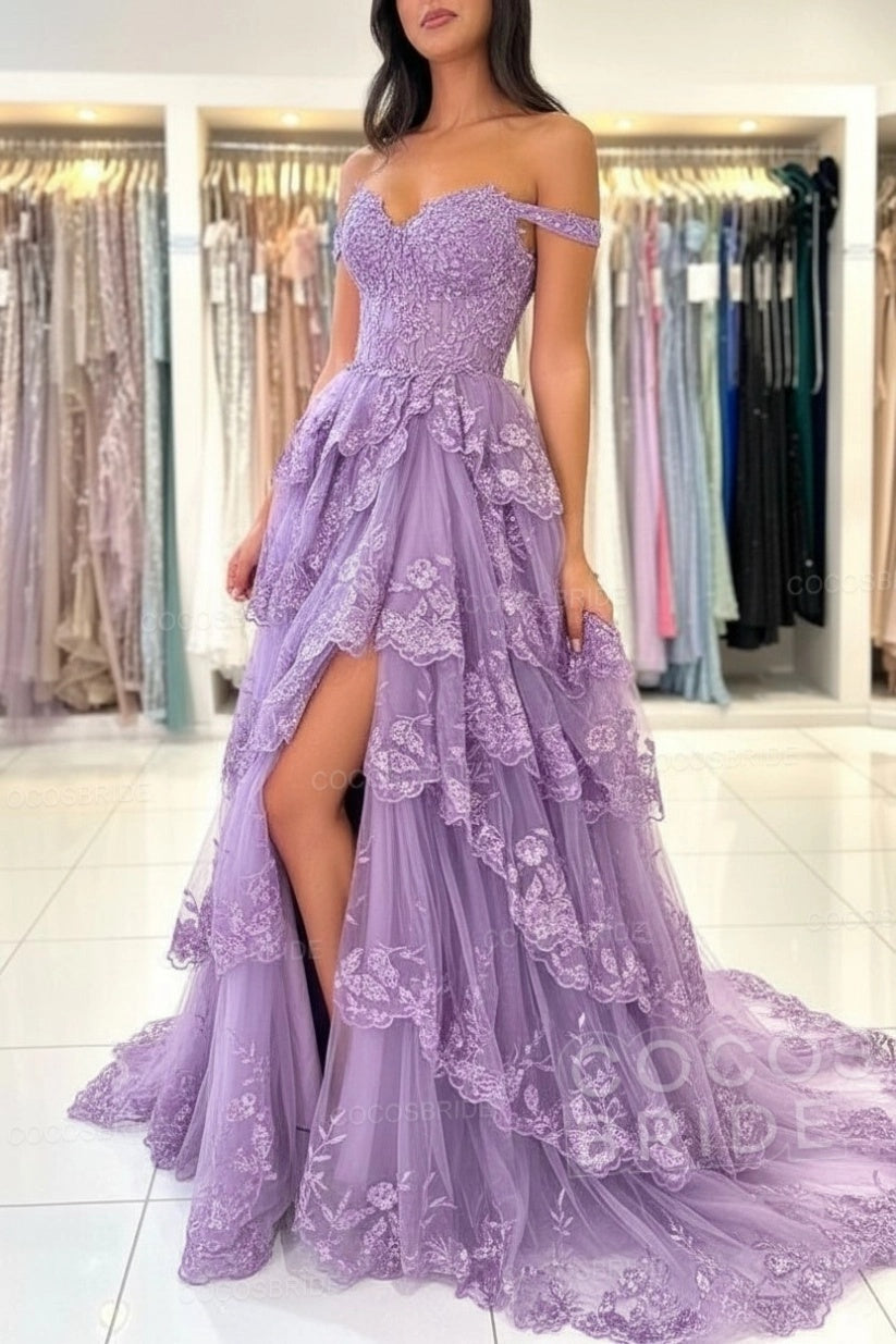 Off The Shoulder Sweetheart Lace A-Line Long Prom Dress with Slit