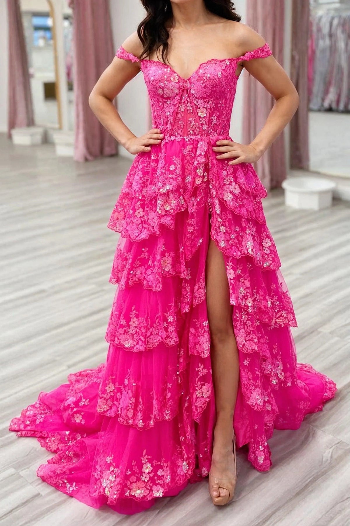 A-line Off the Shoulder Long Tulle Lace Hot Pink Prom Dress with Slit