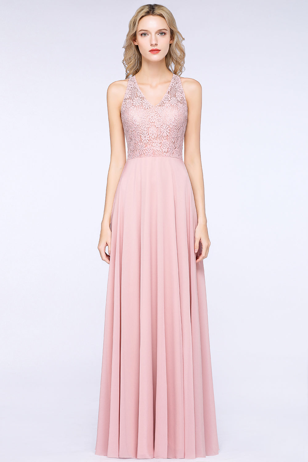 Long A-line V-neck Chiffon Lace Sleeveless Bridesmaid Dress