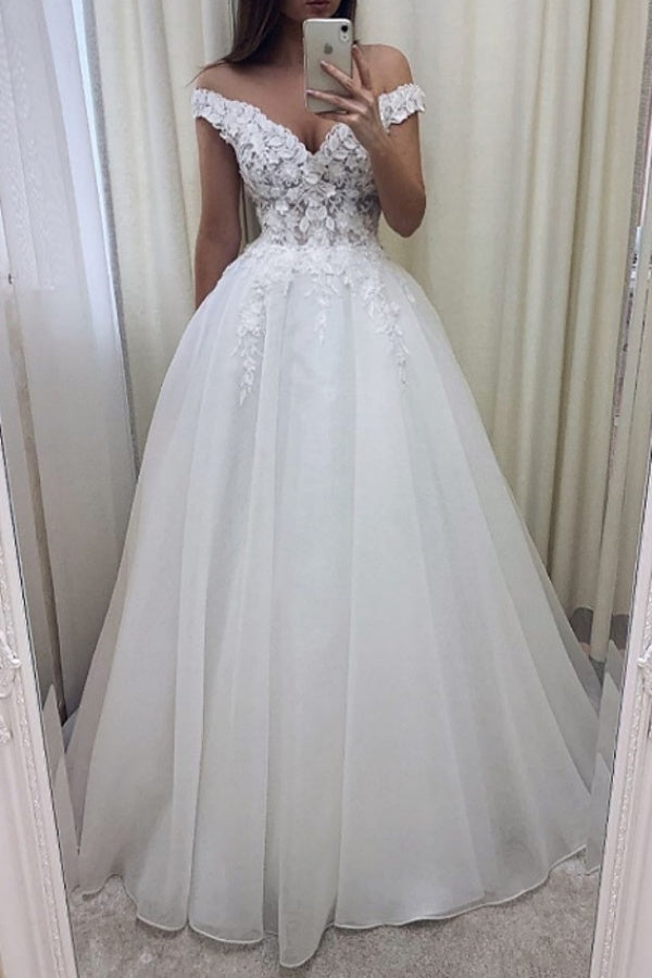 Long A-line V-neck Off the Shoulder Tulle Lace White Wedding Dresses