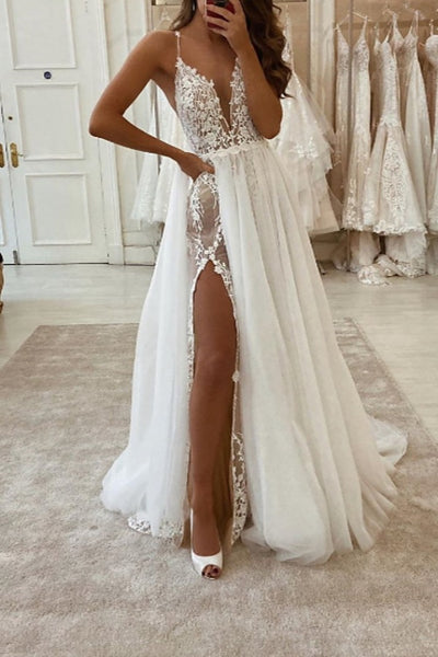 Long A-line V-neck Spaghetti Strap Tulle Chiffon Wedding Dresses with Slit