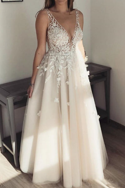 Long A-line V-neck Tulle Lace Floor Length Wedding Dresses