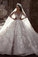 Long Ball Gown Beading Floral Lace Tulle Wedding Dresses with Sleeves