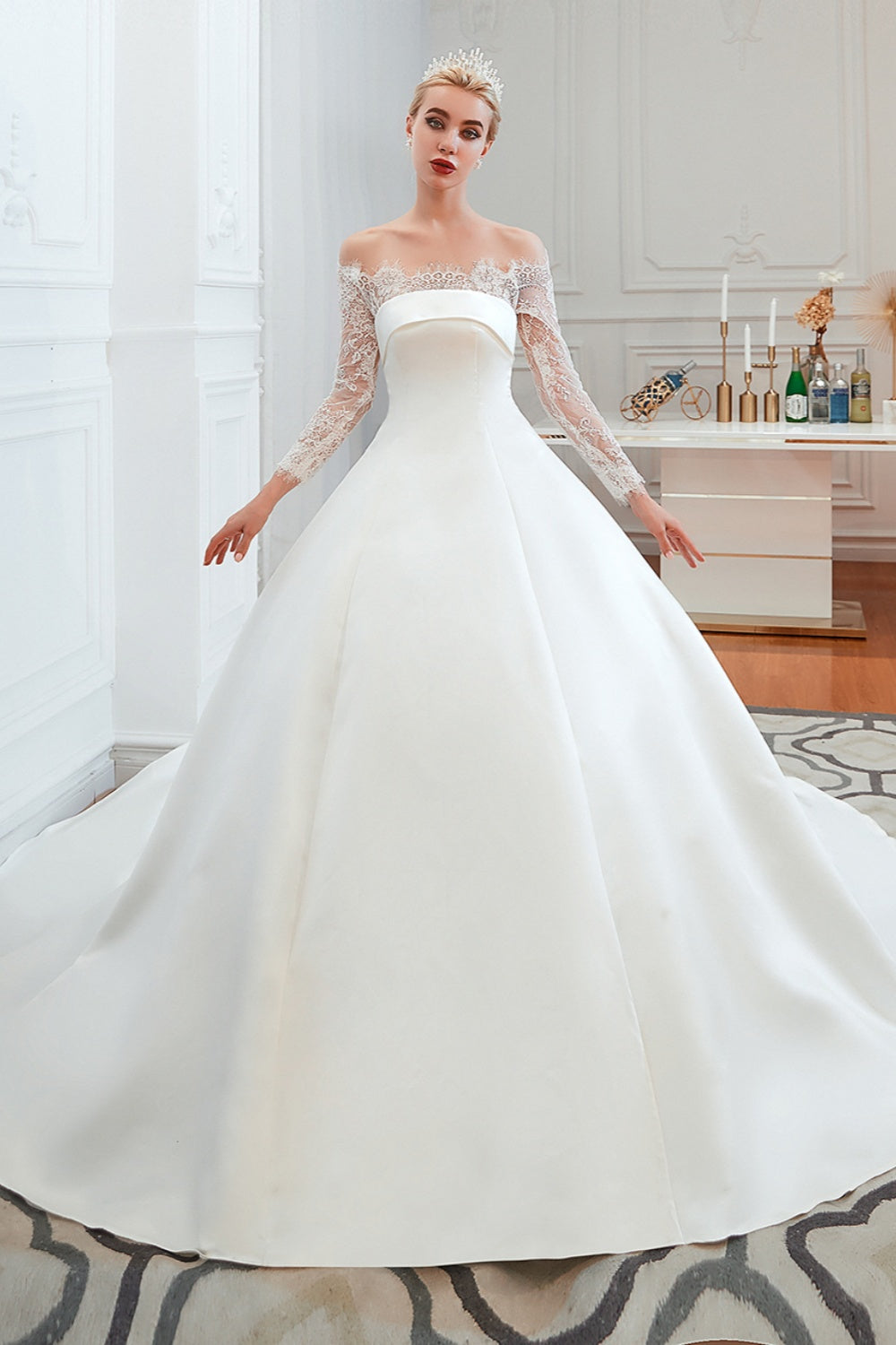 Long Ball Gown Off The Shoulder Lace Satin Wedding Dress with Sleeves