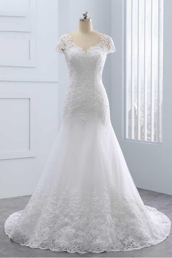 Long Cap Sleeves Lace Mermaid Tulle Wedding Dresses