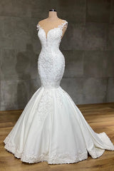 Long Lace V-neck Sleeveless Mermaid Wedding Dresses