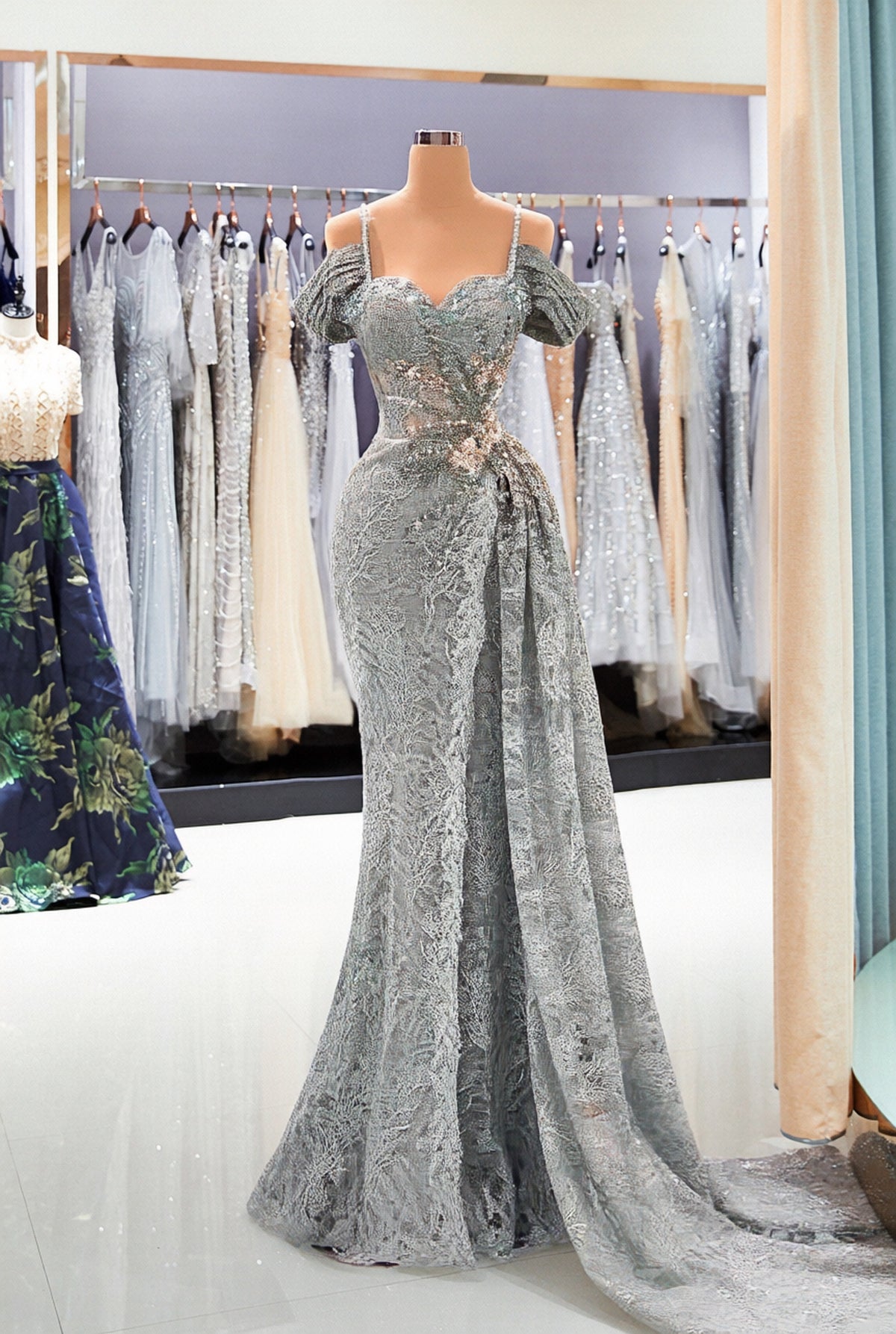 Long Mermaid Off the shoulder Sweetheart Lace Beading Prom Dress with High Split