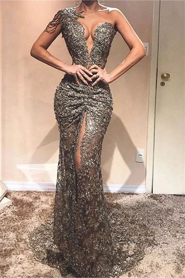 Long Mermaid One Shoulder Tulle Lace Formal Prom Dress with Slit