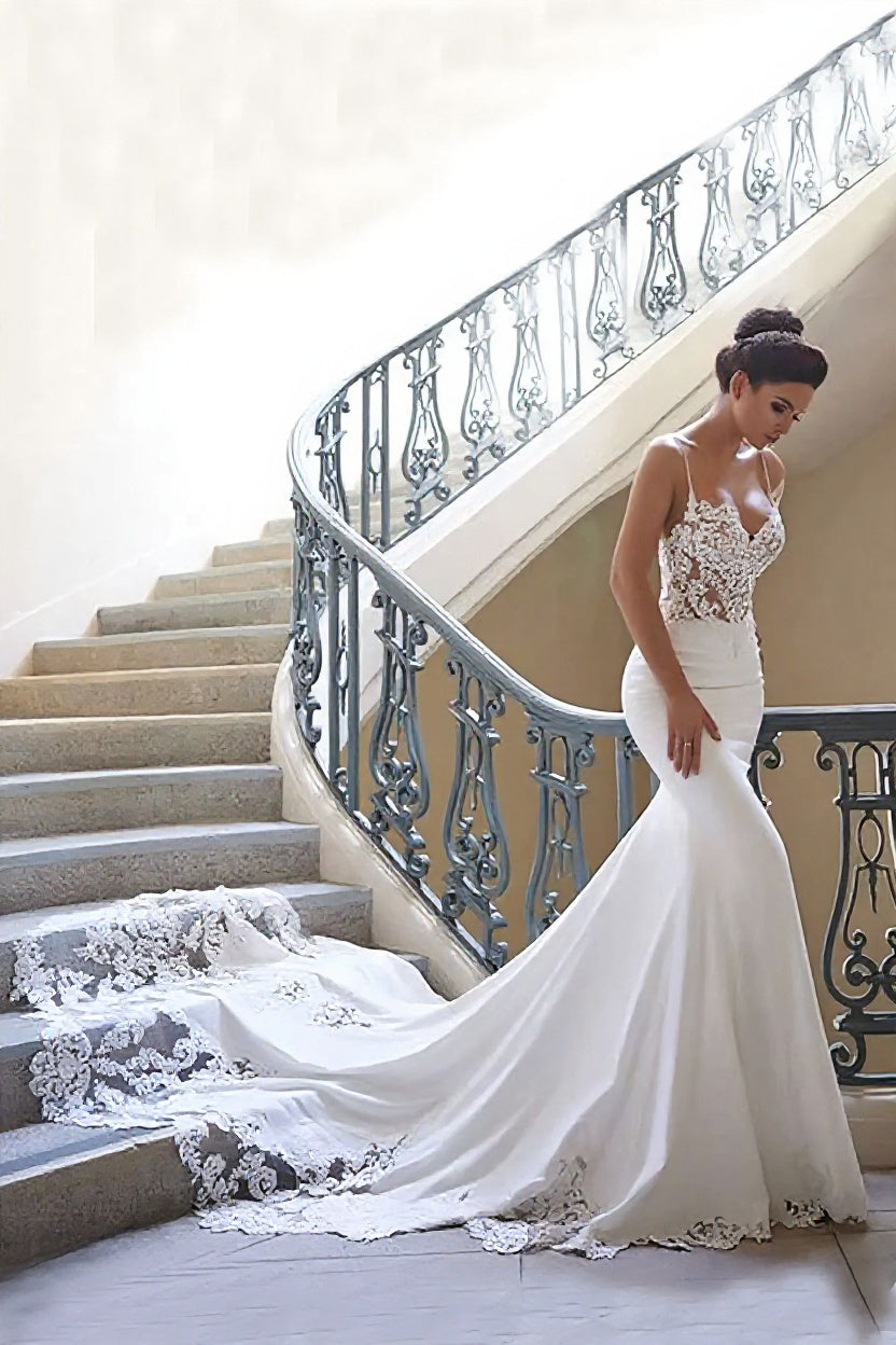 Long Mermaid Spaghetti Strap Sweetheart Lace Backless Wedding Dresses