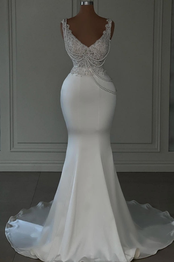 Long Mermaid V-neck Satin Lace White Prom Dresses