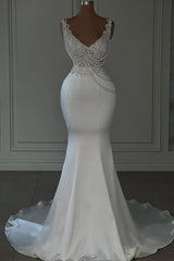 Long Mermaid V-neck Satin Lace White Prom Dresses