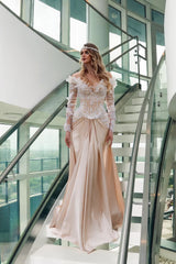 Long Off the Shoulder Satin Lace A-line Formal Prom Dresses with Sleeves
