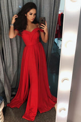 Long Off the Shoulder Spaghetti Straps A-Line Prom Dress With Side Slit