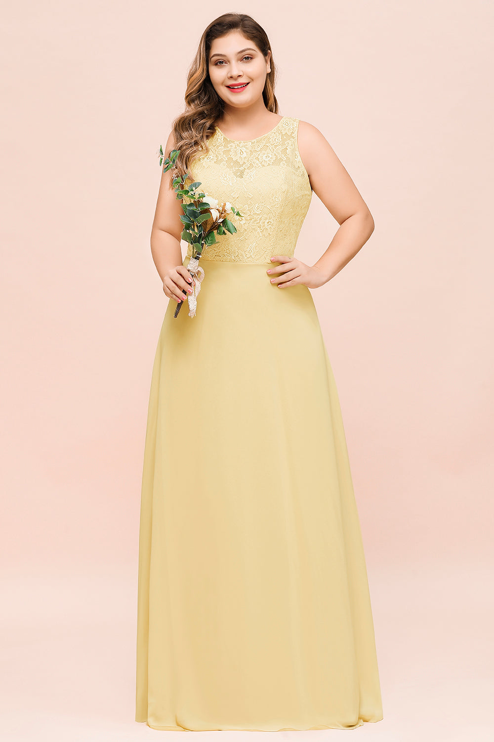 Long Plus Size Chiffon Jewel Daffodil Bridesmaid Dress with Lace