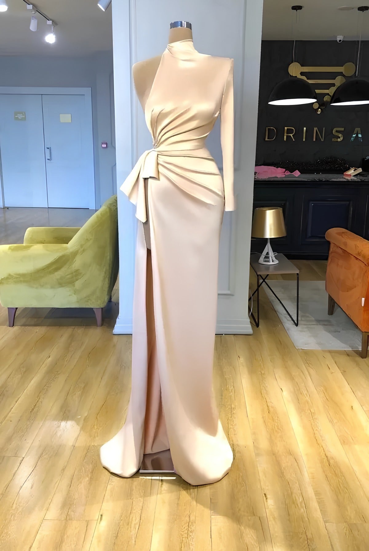Long Sleeves Mermaid High Neck Satin Formal Prom Dresses with Slit