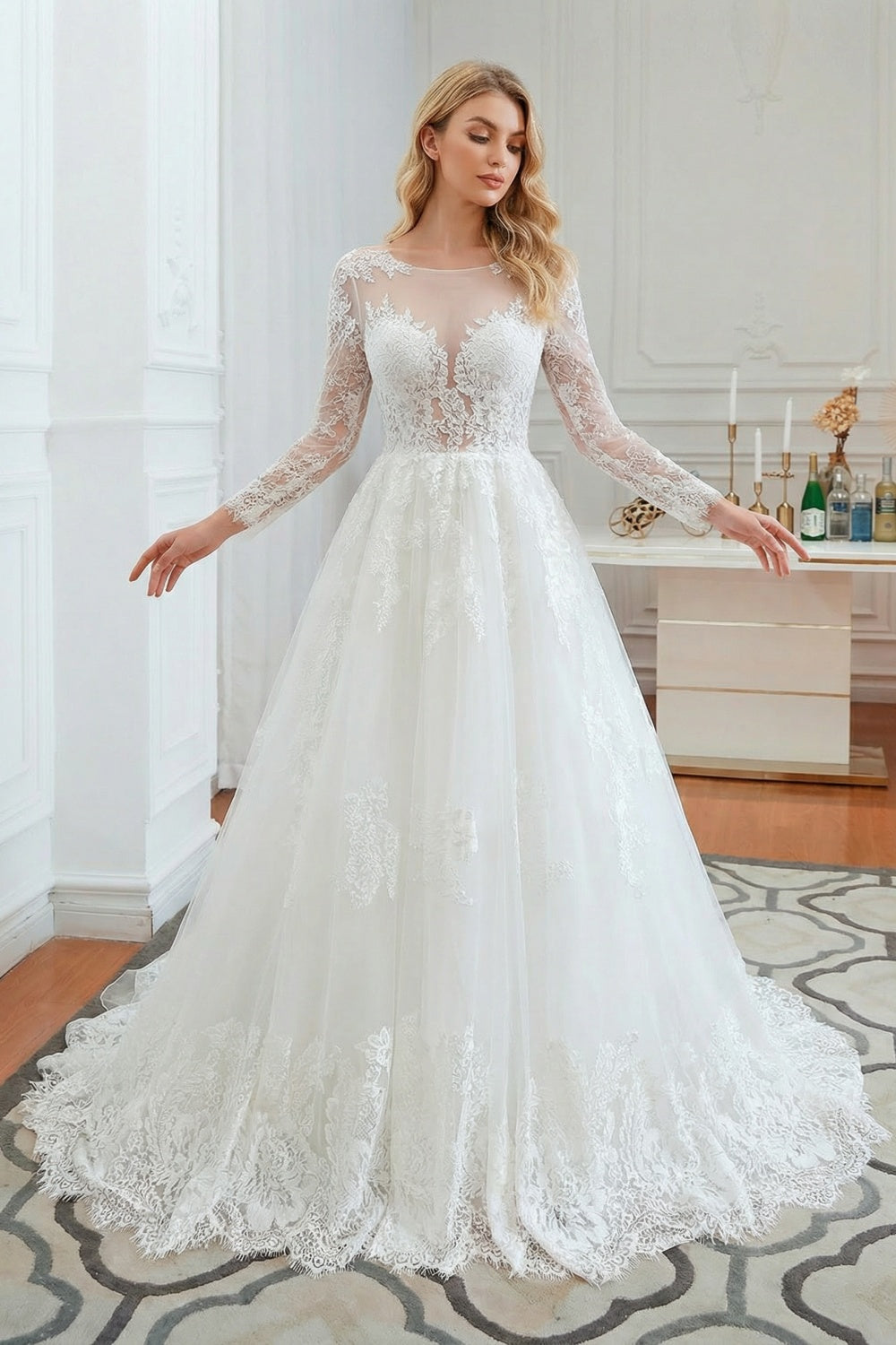 Long Sleeves Tulle A-line Lace Backless Wedding Dress