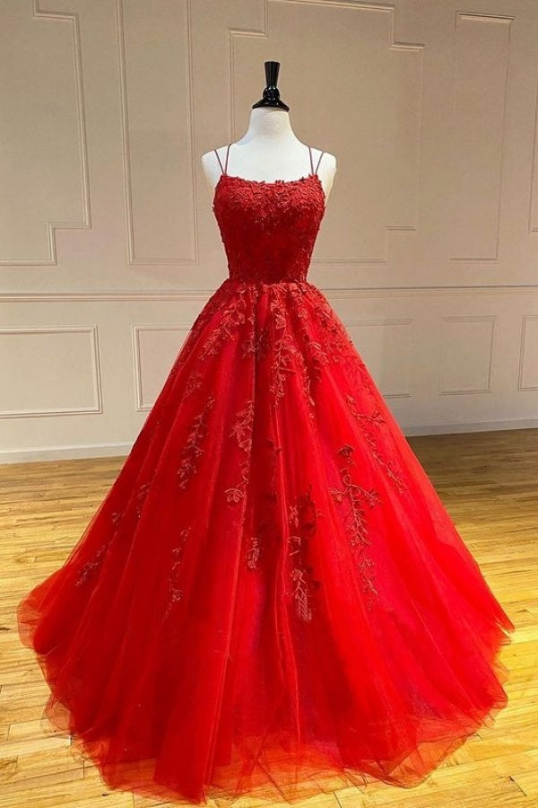 Long Spaghetti Straps Appliques Lace A-Line Tulle Floor Length Prom Dress