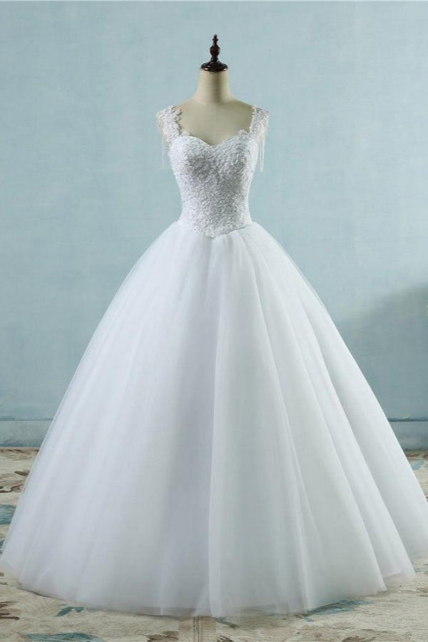 Long Sweetheart Appliques Lace-up Tulle Ball Gown Wedding Dresses