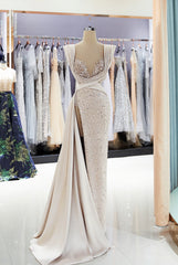 Mermaid Long Split Side V-Neck Satin Prom Dress with Beaded
