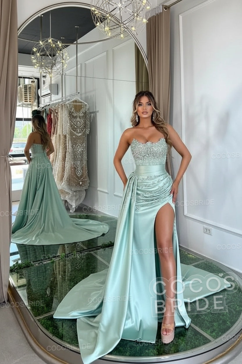 Luxury Mermaid Sweetheart Satin Long Beading Prom Dress with Split