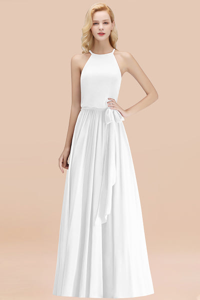 Modest Long A-line Halter Chiffon Bow White Bridesmaid Dresses