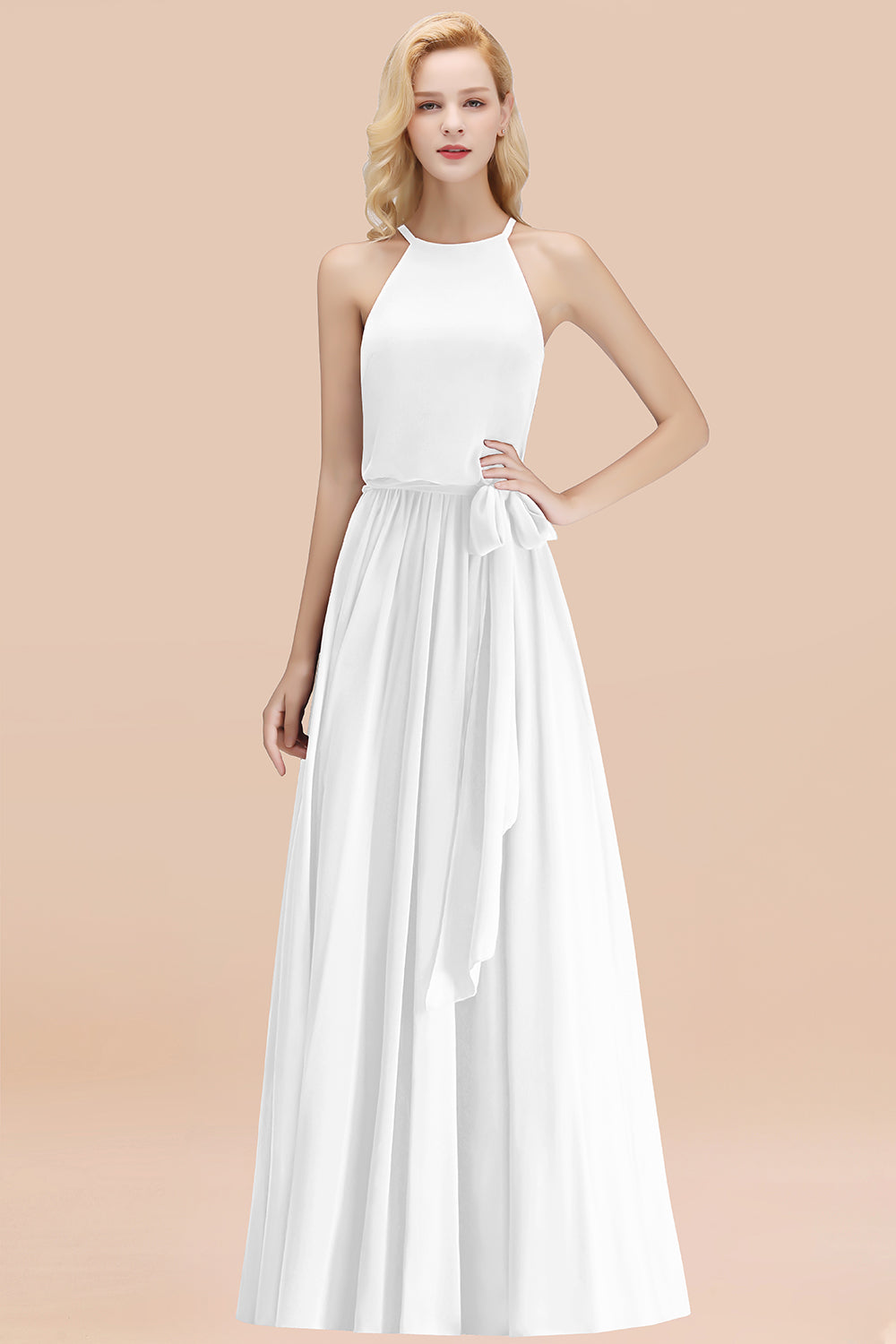 Modest Long A-line Halter Chiffon Bow White Bridesmaid Dresses