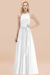 Modest Long A-line Halter Chiffon Bow White Bridesmaid Dresses
