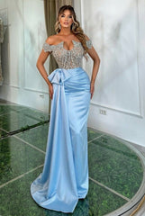 Off The Shoulder Satin Beads Mermaid Long Sky Blue Prom Dress