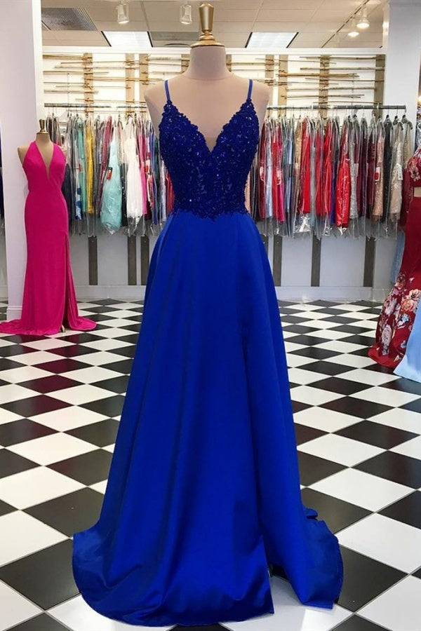 Royal Blue Long Spaghetti Straps V-neck A-Line Prom Dresses