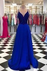 Royal Blue Long Spaghetti Straps V-neck A-Line Prom Dresses
