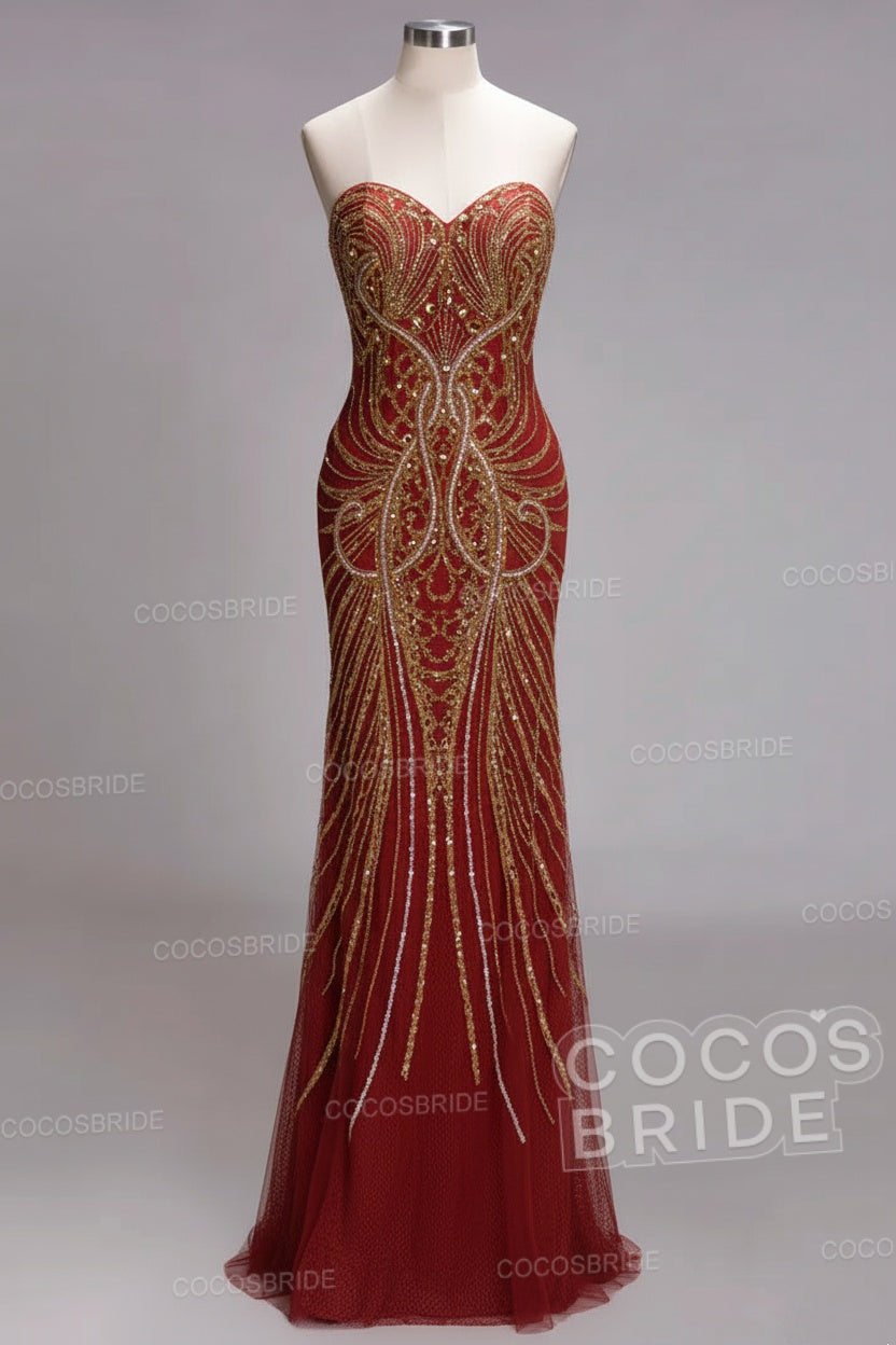 Mermaid Strapless Sweetheart Long Sequined Formal Evening Dresses with Beads