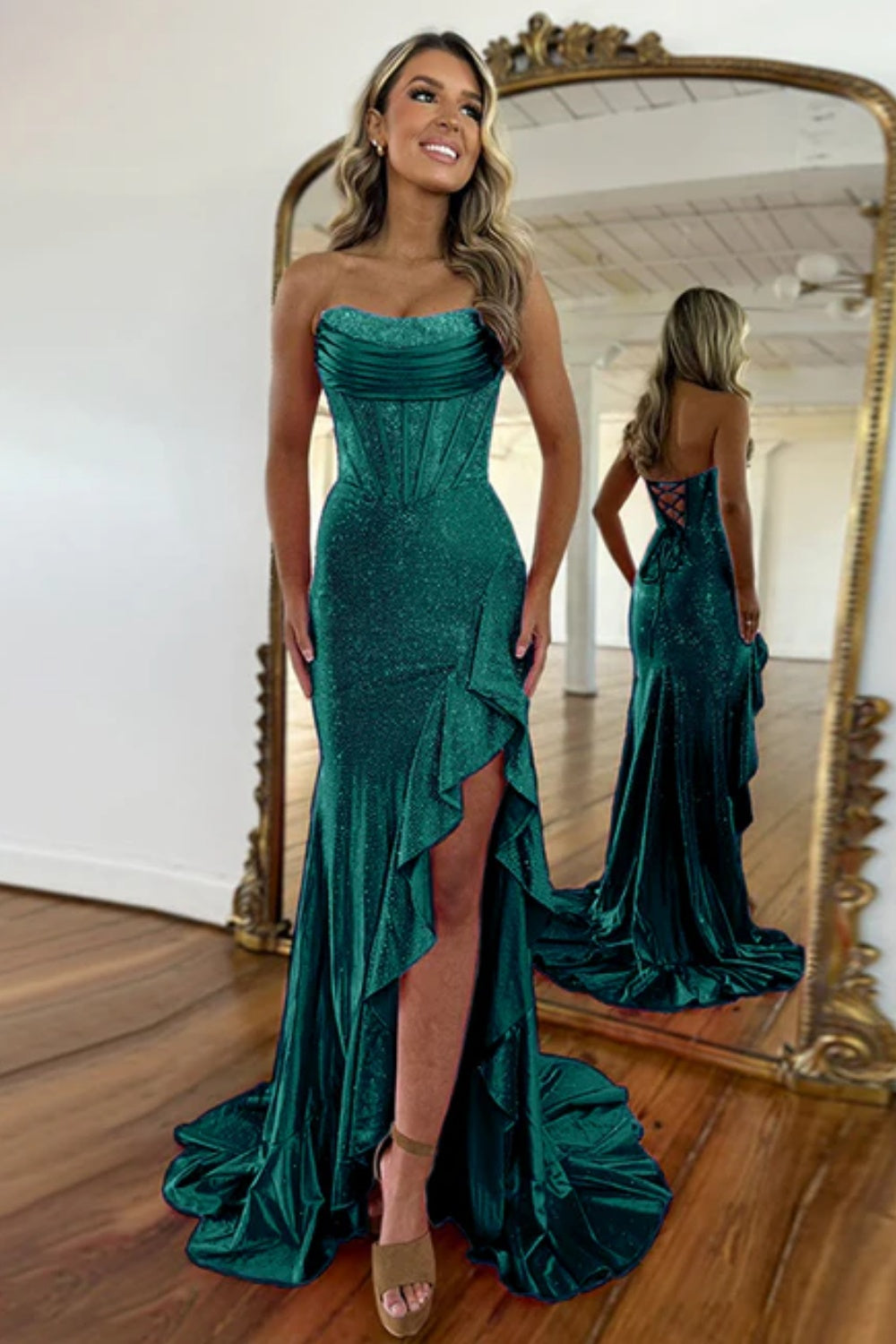 Strapless Sleeveless Sequined Mermaid Prom Dress with Split