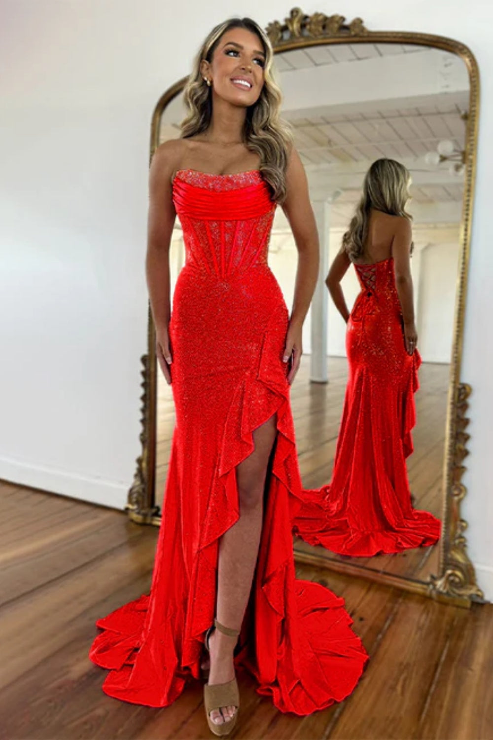 Strapless Sleeveless Sequined Mermaid Prom Dress with Split