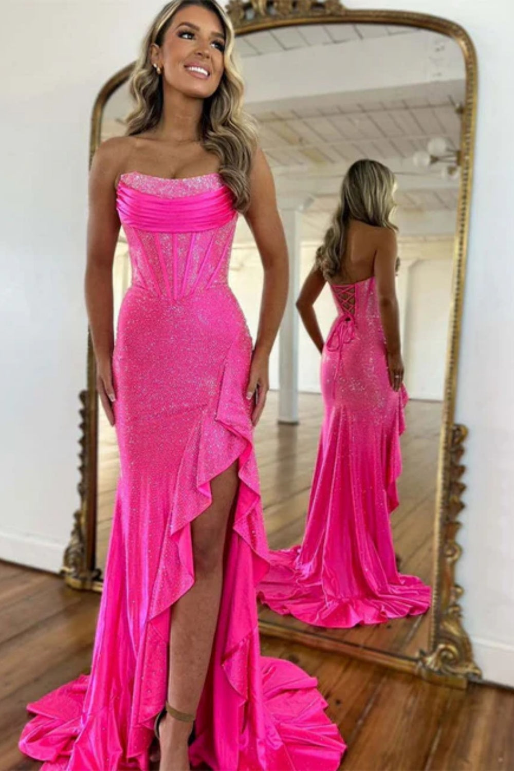 Strapless Sleeveless Sequined Mermaid Prom Dress with Split