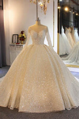 Shinny Long Ball Gown Tulle Lace-Up Wedding Dresses with Sleeves