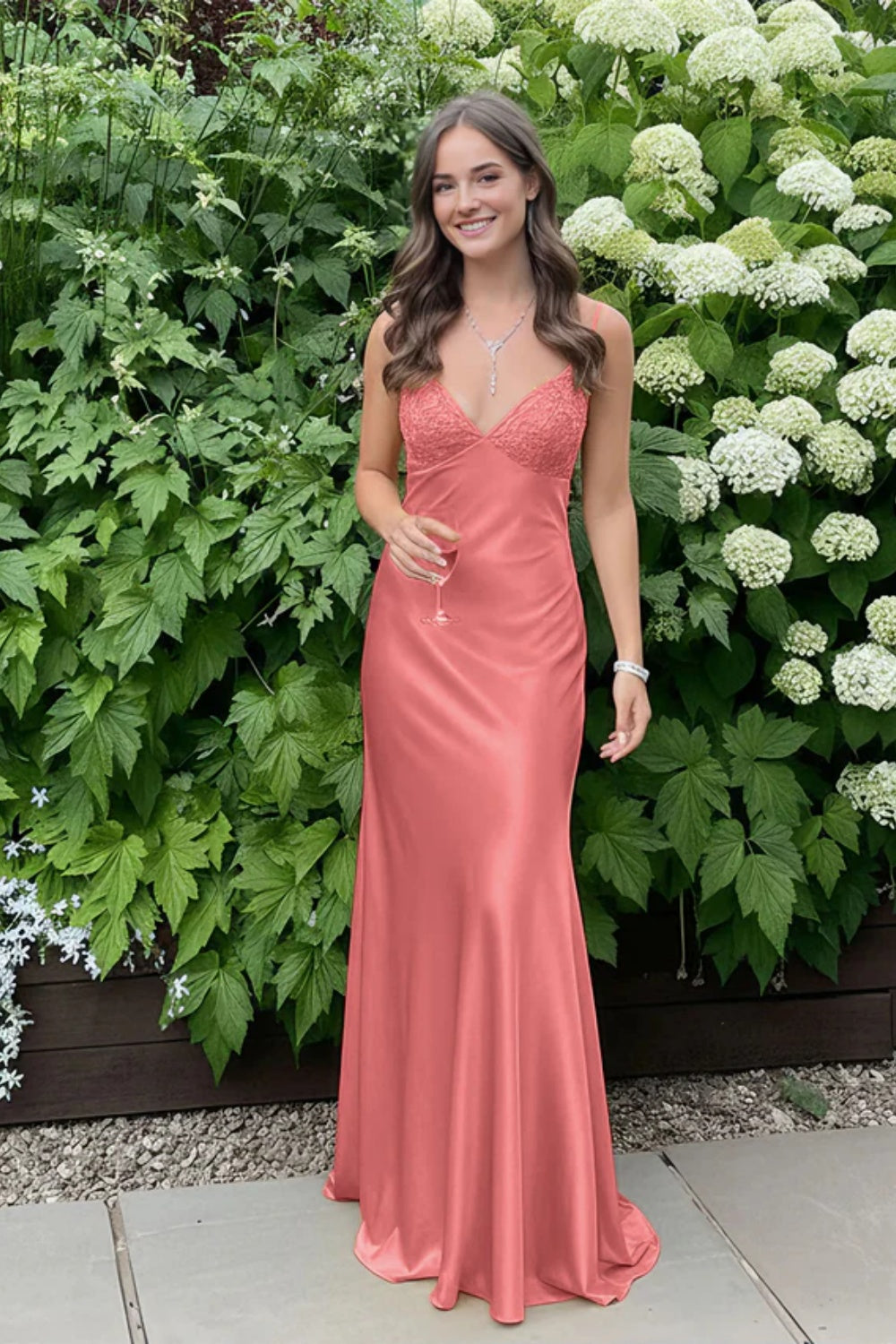 Simple Spaghetti Straps V-neck Sheath Satin Prom Dress